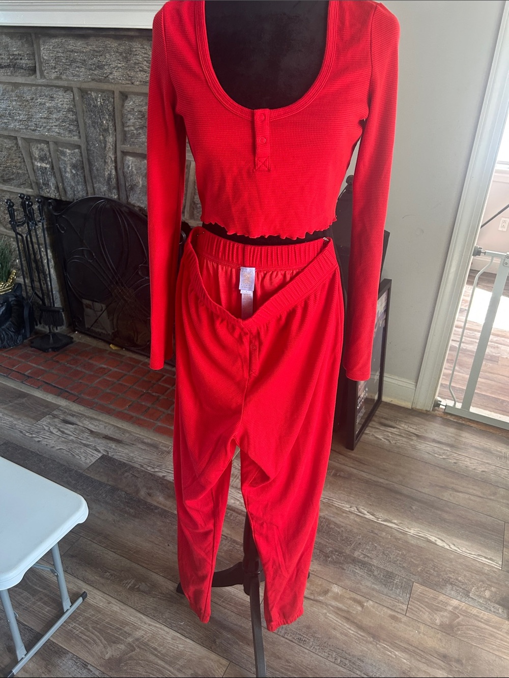 Savage X Fenty Red Thermal Long Sleeve Henley & Lounge Pants Set